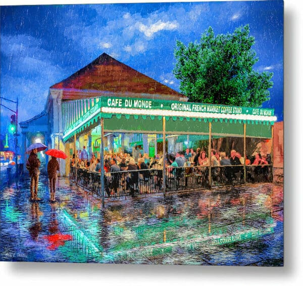 Contemporary Cafe du Monde metal print featuring artwork that depicts a rainy night in New Orleans famous French Quarter