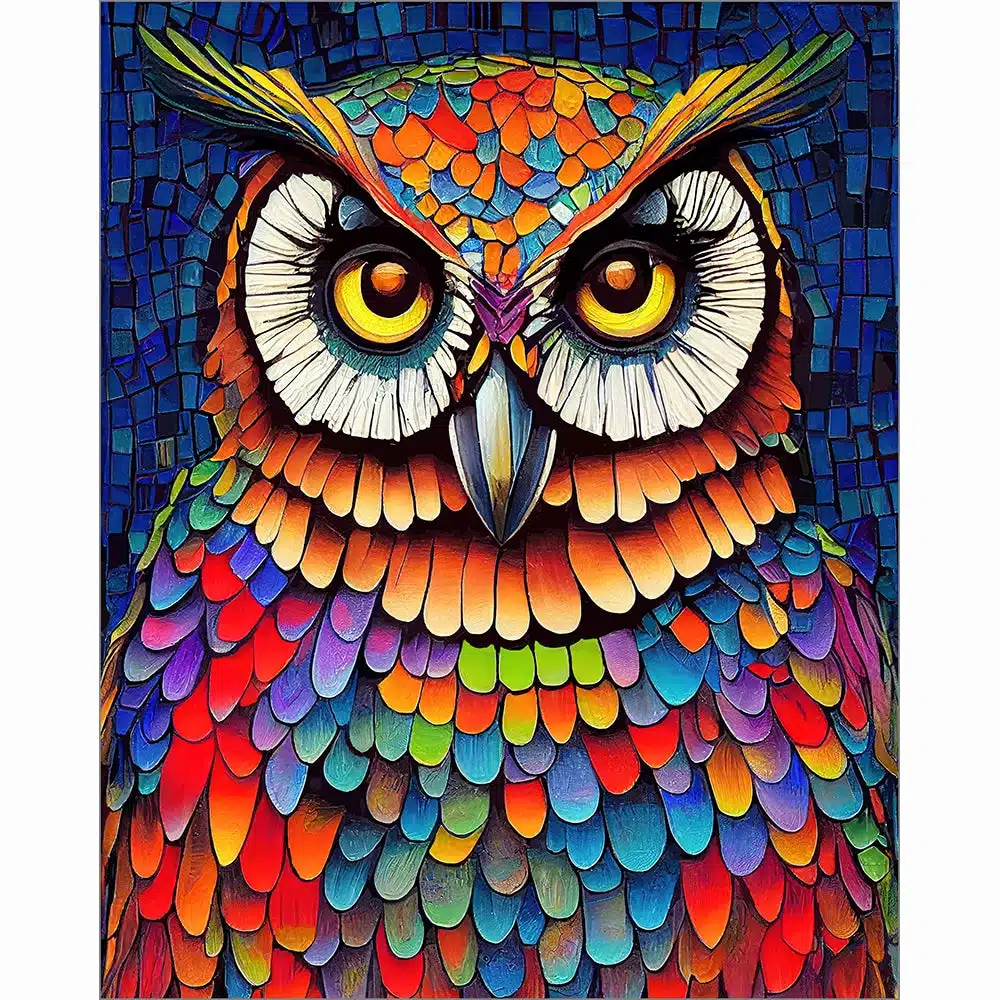 Colorful Owl Portrait - Mosaic Art Print by Artist Mark Tisdale