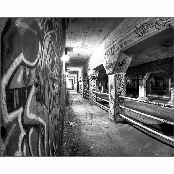 Krog Street Tunnel Black and White Atlanta Art Print depicting a gritty urban scene