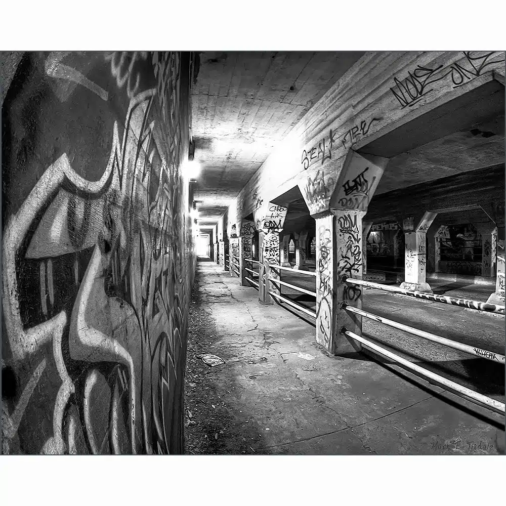 Krog Street Tunnel Black and White Atlanta Art Print depicting a gritty urban scene