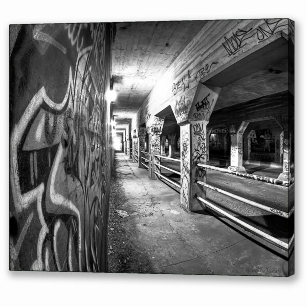 Krog Street Tunnel Black and White Atlanta Canvas Print depicting a gritty urban scene