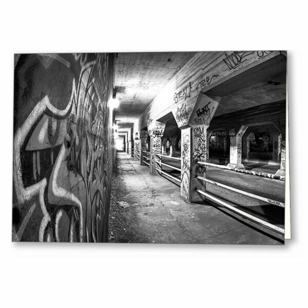 Krog Street Tunnel Black and White Atlanta greeting card with cover image depicting a gritty urban scene