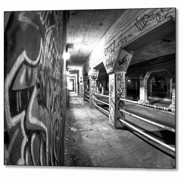 Krog Street Tunnel Black and White Atlanta Metal Print depicting a gritty urban scene