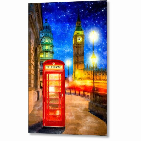 London Phone Box Metal Print With Big Ben At Night