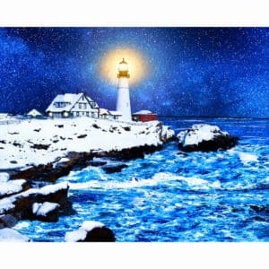 Portland Head Light In The Snow - Winter Night Art Print