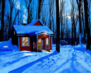 Red Cabin In The Snow - Winter Night Art Print