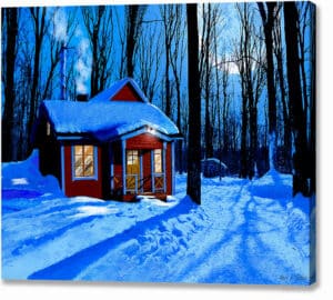 Red Cabin In The Snow - Winter Night Canvas Print