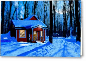 Red Cabin In The Snow - Winter Night Greeting Card