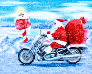 Santa Claus On A Motorcycle - Christmas Art Print