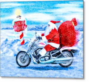 Santa Claus On A Motorcycle - Christmas Metal Print