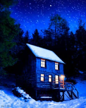 Starry Night - Snowy Cabin Art Print