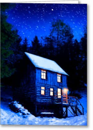 Starry Night - Snowy Cabin Greeting Card
