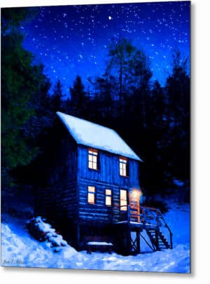 Starry Night - Snowy Cabin Metal Print