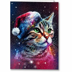 Tabby Santa Cat In The Stars - Christmas Card