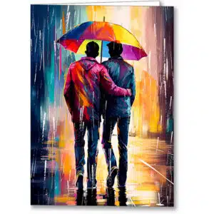 Gay Love In The Rain - a colorful and romantic greeting card