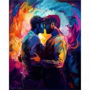 Two gay men embracing - colorful artwork available as a fine art print