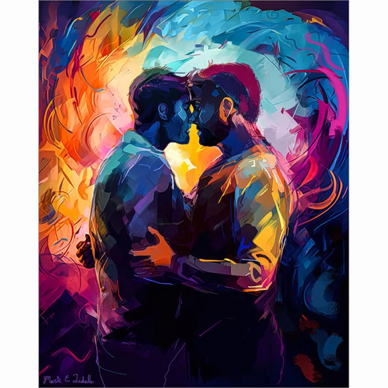 Two gay men embracing - colorful artwork available as a fine art print