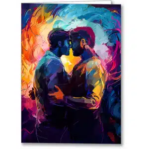 Two gay men embracing - colorful artwork available as a 5x7 Greeting Card