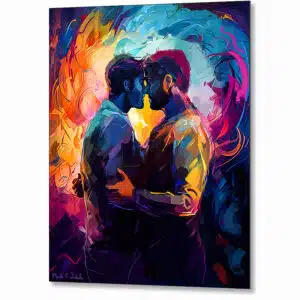 Two gay men embracing - colorful artwork available as a contemporary metal print