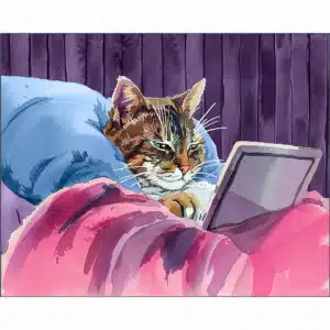 Fun feline art print showing a cat in bed using an iPad type tablet