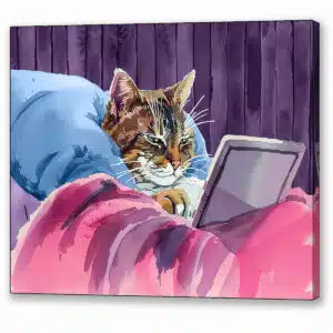 Fun feline canvas print showing a cat in bed using an iPad type tablet