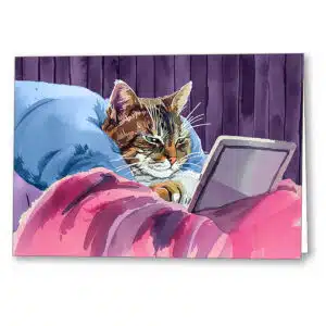 21st Century Digital Cat - Fun Feline Greeting Card by Artist Mark Tisdale features artwork depicting a modern day cat using an iPad type tablet in bed