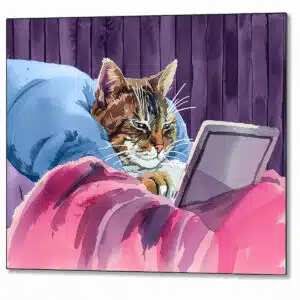 Fun feline metal print showing a cat in bed using an iPad type tablet