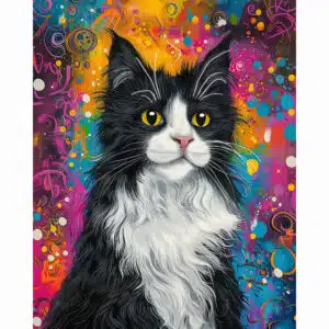 Colorful cat art print showing a Tuxedo Cat against a whimsical background