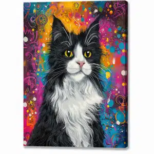 Colorful cat canvas print showing a Tuxedo Cat against a whimsical background