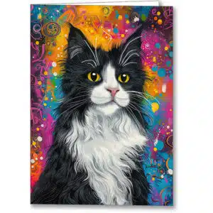 Colorful cat greeting card showing a Tuxedo Cat against a whimsical background