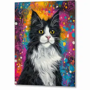 Colorful cat metal print showing a Tuxedo Cat against a whimsical background