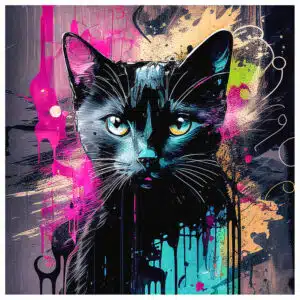 Graffiti Inspired Black Cat Art Print showing a portrait of a black cat’s face with street art style and grit