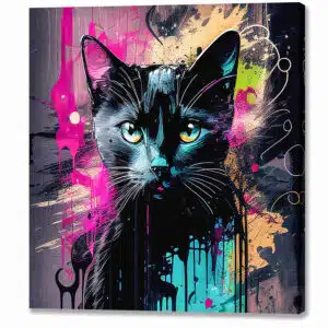 Graffiti Inspired Black Cat Canvas Print showing a portrait of a black cat’s face with street art style and grit