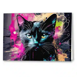 Graffiti Inspired Black Cat greeting card showing a portrait of a black cat’s face with street art style and grit