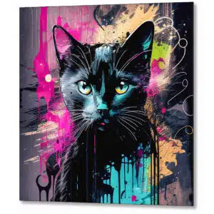 Graffiti Inspired Black Cat Metal Print showing a portrait of a black cat’s face with street art style and grit