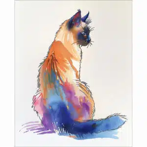 Siamese Cat - Effortless Elegance Art Print showing a portrait of a Siamese cat in hues of cream, pink, and blue.
