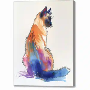 Siamese Cat - Effortless Elegance Canvas Print showing a portrait of a Siamese cat in hues of cream, pink, and blue.