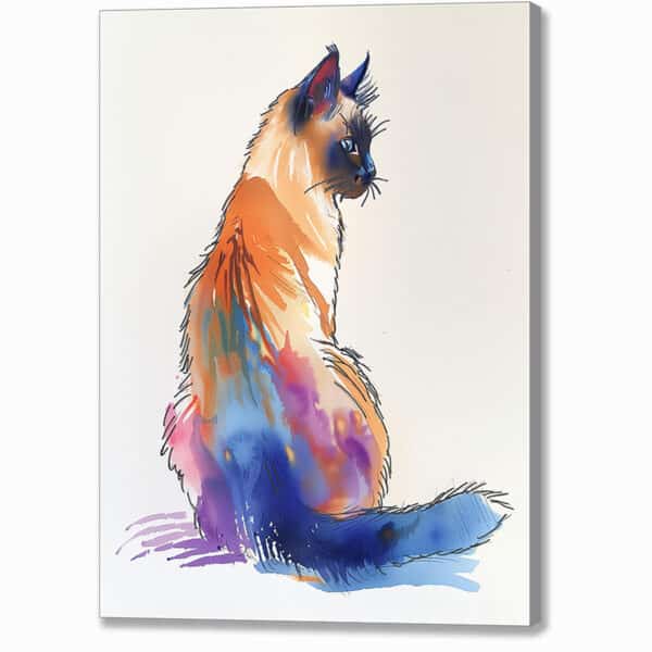 Siamese Cat - Effortless Elegance Canvas Print showing a portrait of a Siamese cat in hues of cream, pink, and blue.