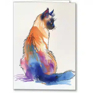 Siamese Cat - Effortless Elegance Greeting Card showing a portrait of a Siamese cat in hues of cream, pink, and blue.