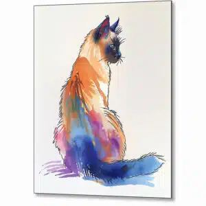 Siamese Cat - Effortless Elegance Metal Print showing a portrait of a Siamese cat in hues of cream, pink, and blue.