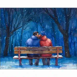 Snow Kissed Love - Romantic Gay Art Print showing a tender celebration of love with a kiss between two men in the snow