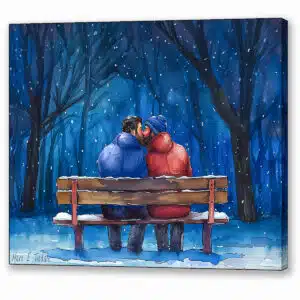 Snow Kissed Love - Romantic Gay Canvas Print showing a tender celebration of love with a kiss between two men in the snow
