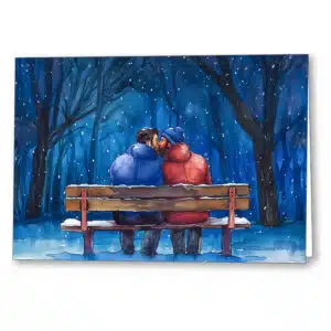 Snow Kissed Love - Romantic Gay Greeting Card showing a tender celebration of love with a kiss between two men in the snow