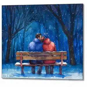 Snow Kissed Love - Romantic Gay Metal Print showing a tender celebration of love with a kiss between two men in the snow