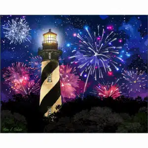 Florida art print showing fireworks over St. Augustine lighthouse at night