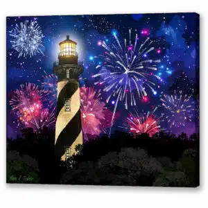 Florida canvas print showing fireworks over St. Augustine lighthouse at night