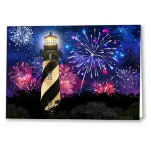 Florida Greeting Card showing fireworks over St. Augustine lighthouse at night