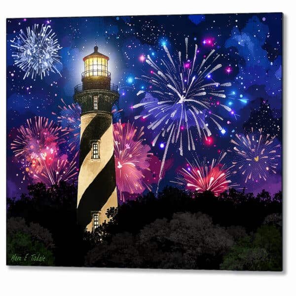 Florida metal print showing fireworks over St. Augustine lighthouse at night