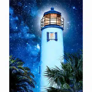 Florida art print featuring the St George Island Lighthouse at night with palm tree silhouettes