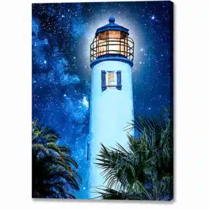 Florida canvas print featuring the St George Island Lighthouse at night with palm tree silhouettes
